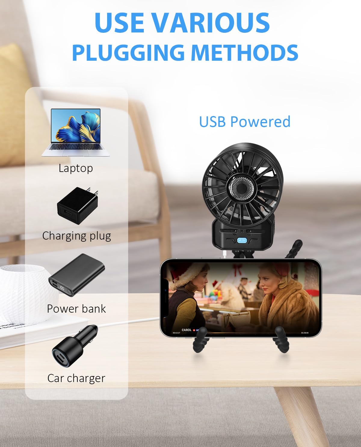 Feebee Ventilatore Portatile Per Passeggino, Mini Ventilatore USB da Tavolo con Flessibile Clip Treppiede, 4 velocità, Silenzioso e Potente per Passeggino Culle Auto Campeggio