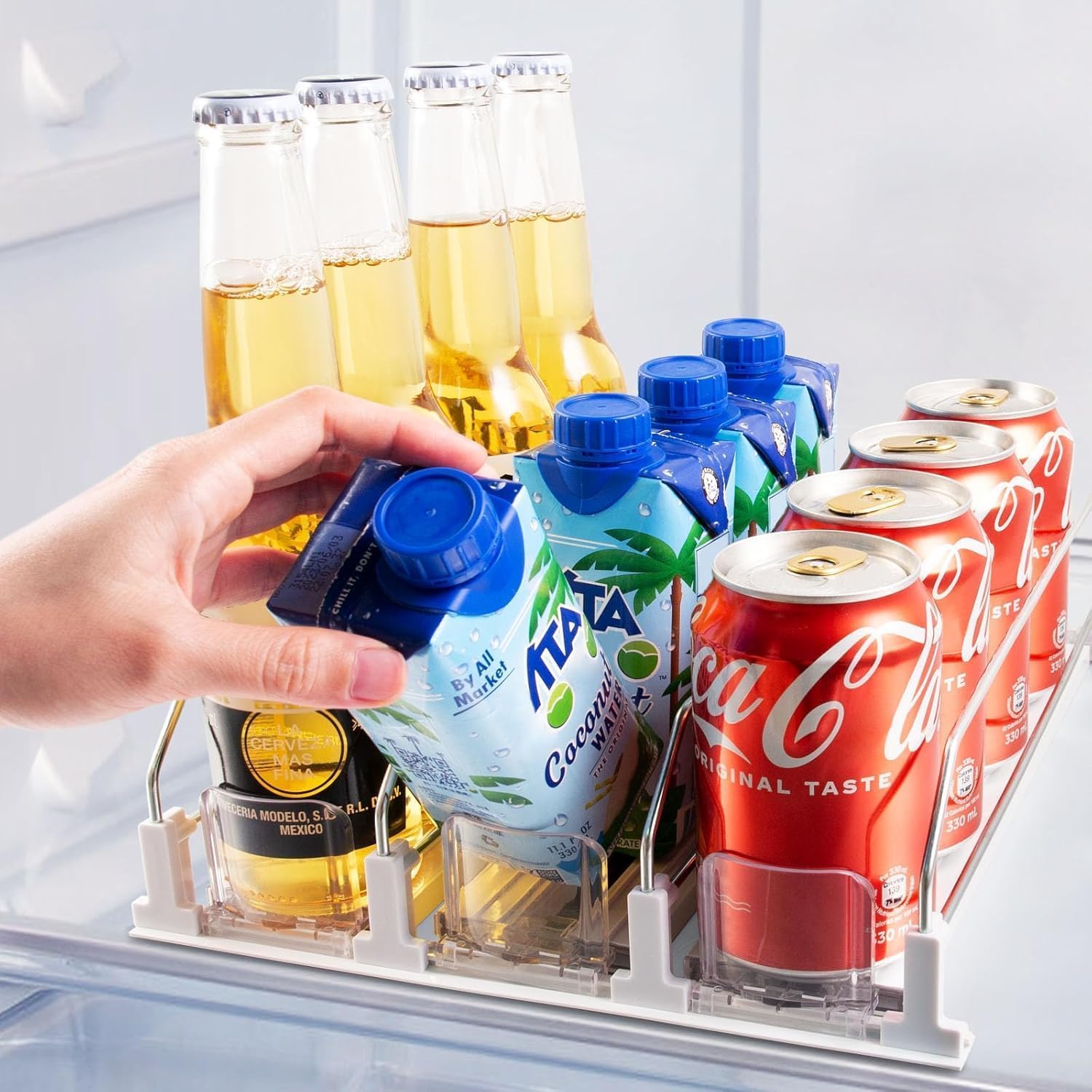 Yeqqzq Automatic Can Dispenser for Fridge, Dink Organiser with Automatic Pusher Glide, Beer Soda Can Organiser Holds up to 12 Can, 3 Rows, 31x25cm