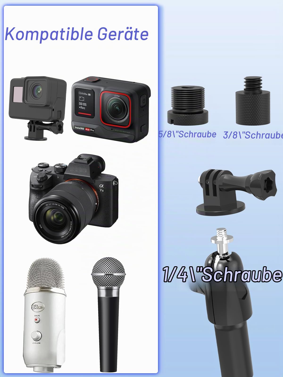 Schwanenhals Kamer halterung mit 1/4“ 3/8" 5/8" Schraube, für Lenker, Schreibtisch, Rohr, Querstange, Kompatibel mit GoPro Hero 13/Babyphone/Logitech Webcam/Insta 360/Feldmonitor/LED-/Mikrofon