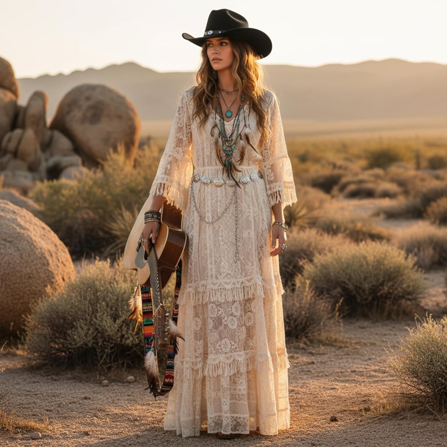 Geyoga 2 Pcs Western Cowboy Outfit Include Cowboy Hat Belt Boho Western Metal Chain Belt Matching Couples for Dresses Party