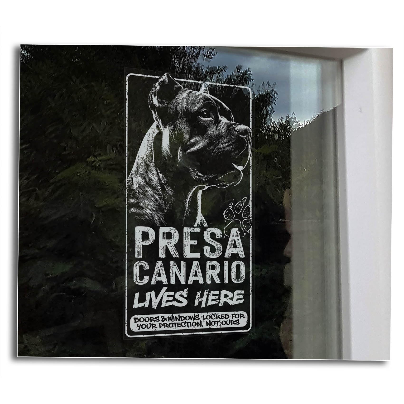 Presa Canario Lives Here Sticker, Home Security Beware of the Dog Window Sign,Pet Dog Owner Gift Art Print -V06 (External - White Print)