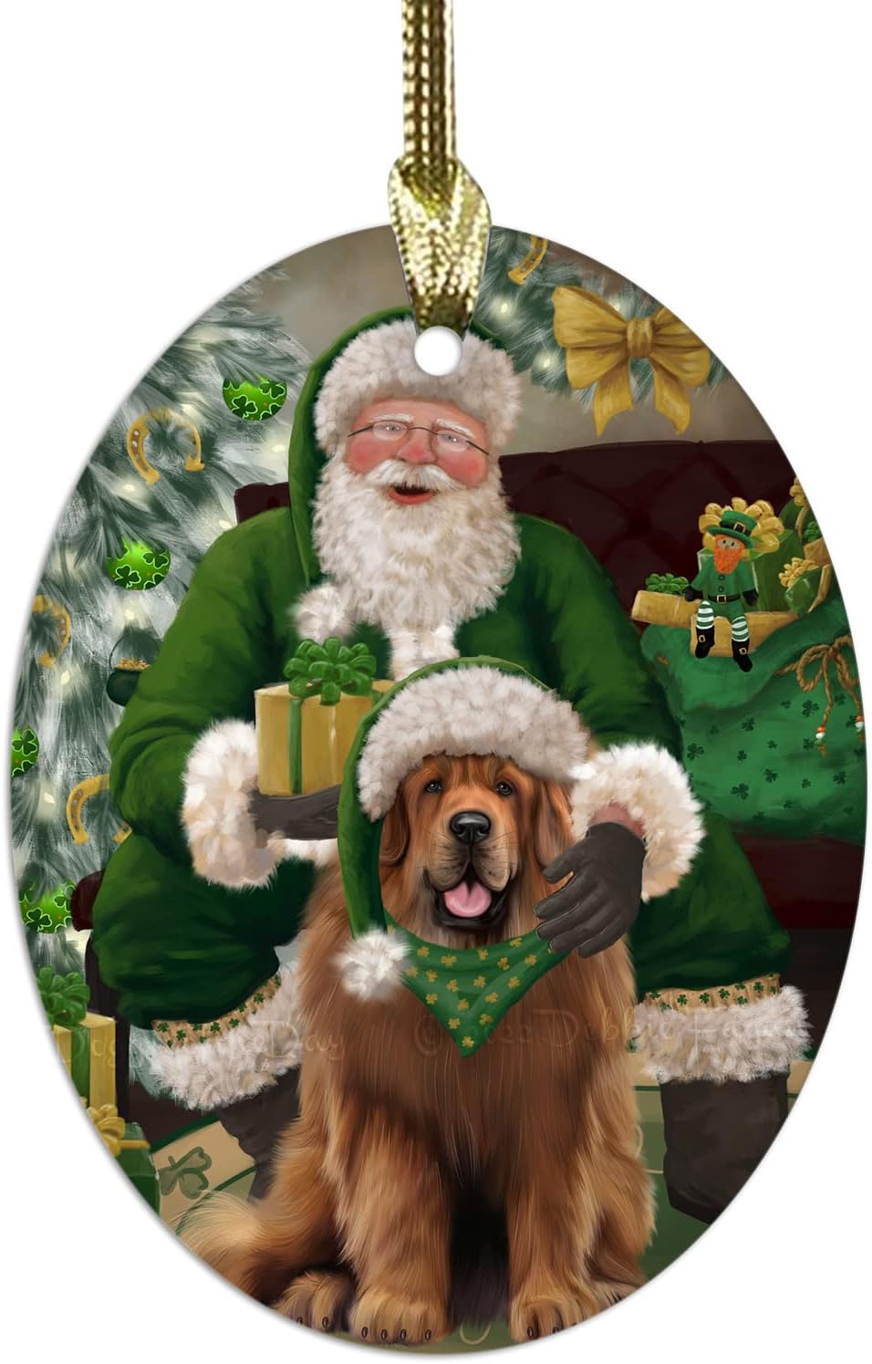 Irish Santa with Gift and Tibetan Mastiff Dog Oval Glass Christmas Ornament- 3.75" x 2.75" Oval Pet Decorative Hanging Ornaments for Christmas X-mas Tree Decorations, OGO53743