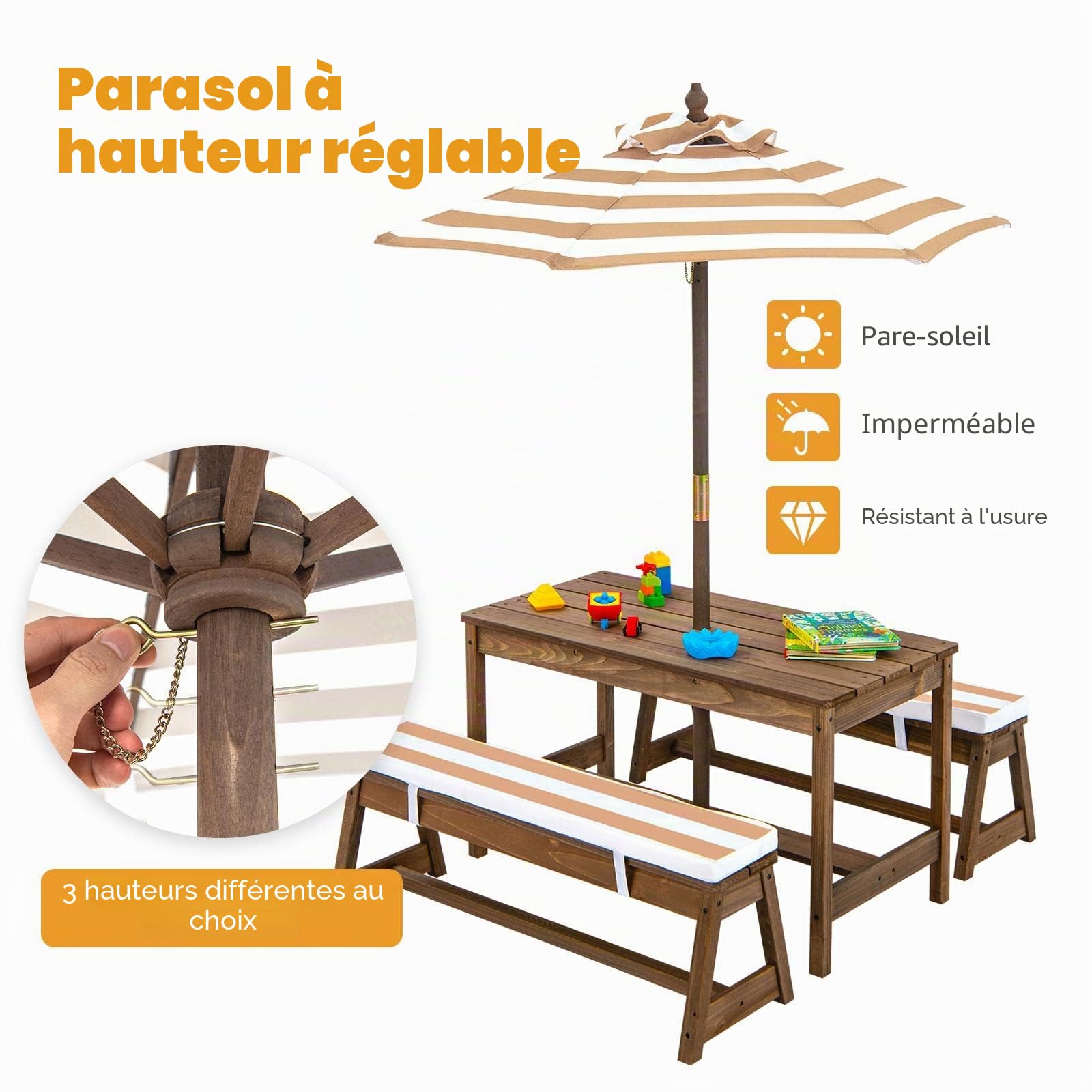 KOMFOTTEU Ensemble Sièges pour Enfant, 2 Bancs et Parasol réglable, Brun
