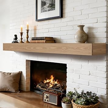 Fireplace Mantel 72 inch - Rustic Elm Wood Mantel, Natural Color