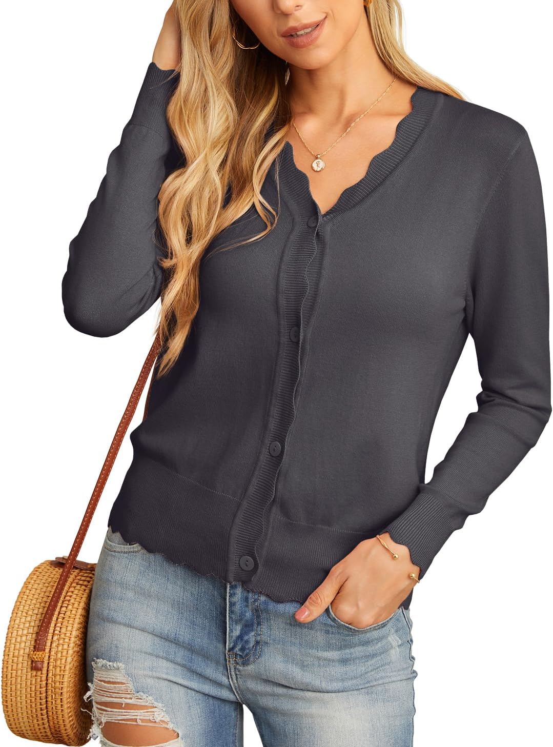  Women's Long Sleeve V-Neck Button Down Cardigan Knit Shrugs Sweater thumbnail