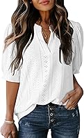 Dokotoo Women's V-Neck Short Sleeve Lace Blouse - Summer Business Casual Hollow Out Tops