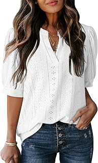 Dokotoo Women's V-Neck Short Sleeve Lace Blouse - Summer Business Casual Hollow Out Tops