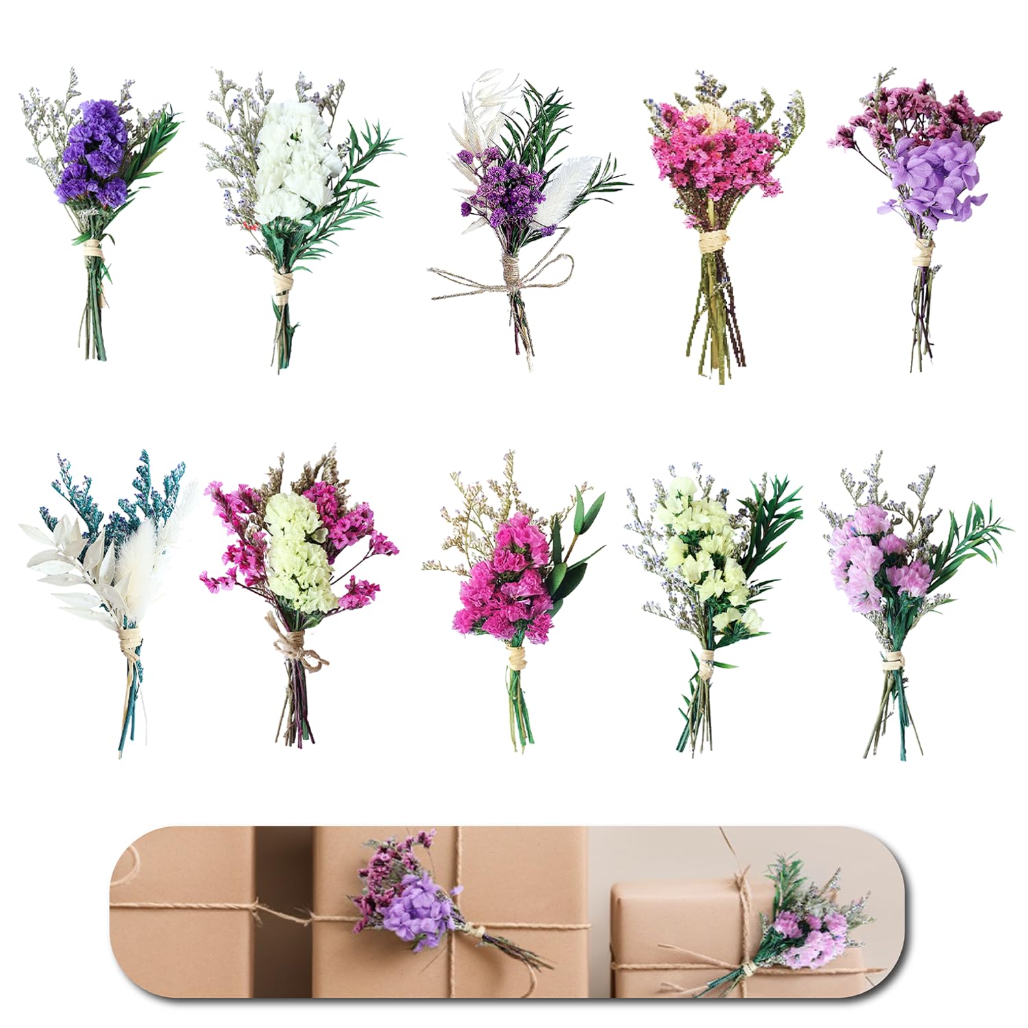 RHQFDM 10 Pieces Natural Real Dried Flower,Small Dried Flowers for Crafts Set,Mini Boho Dried Flowers Bouquet,Dried Flowers Bouquet Decor Mixed for Table,Diary and Photo Album Decoration