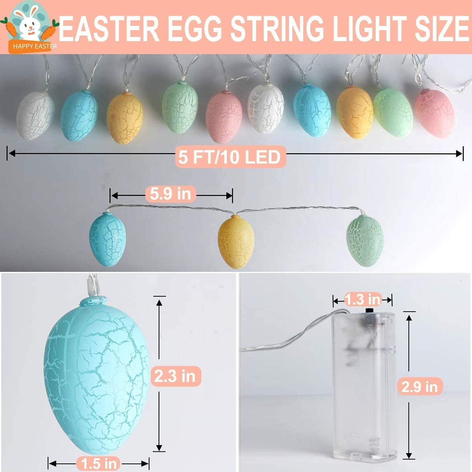 2 Pack Easter Lights Decorations, 3D Jumbo Crack Easter Eggs Fairy String Lights Battery Operated Easter Decorations for Home Indoor Outdoor Bedroom Easter Eggs Hunt Party, Total 10 Ft 20 LED