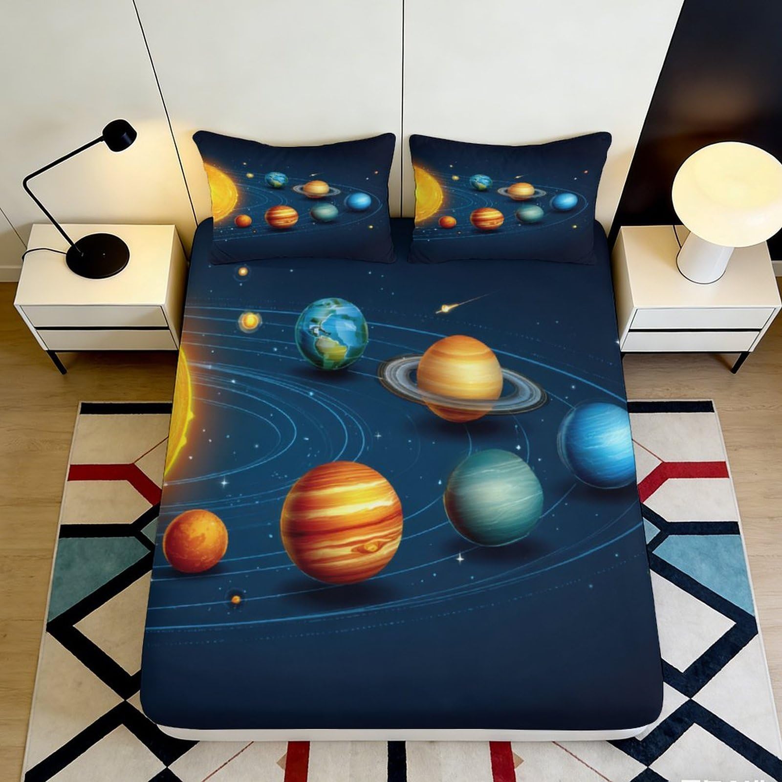 3D Printed Solar System Fitted Sheet Microfiber Soft Planets Bed Cover for Bedroom Guest Room Decor Easy Care 90x200x25cm