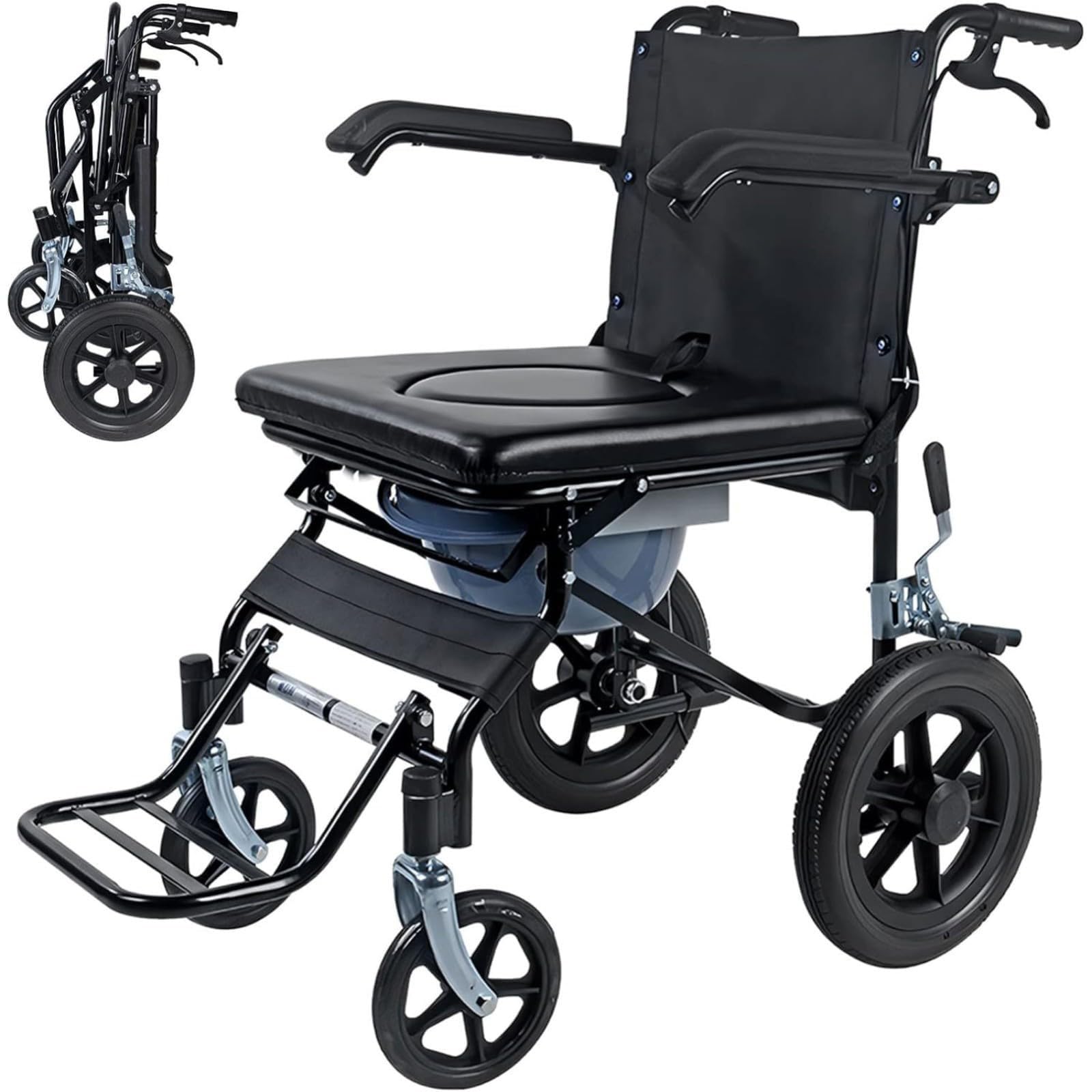 Silla de Ruedas Plegable Ligera, Silla de Ruedas Compacta para Viaje con Frenos Silla de Inodoro Impermeable con Ruedas Silla de Ruedas Extra Estrecha para Casa Viaje Plegable
