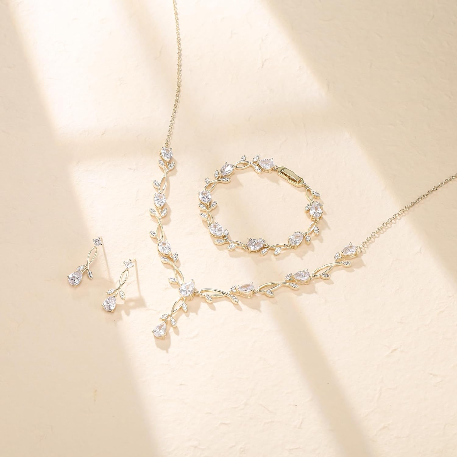 Crysdue Wedding Jewelry Set for Brides Bridesmaid, Cubic Zirconia Teardrop Marquise Leaf Cluster Pendant Necklace Bridal Tennis Bracelet Drop Earrings for Women Party Prom - Image 4