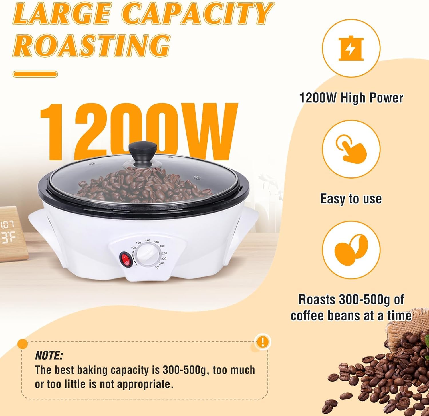 Torréfacteur à café électrique pour la maison, 1200 W, multifonctionnel, réglage de la température de 0 à 240 °C, pour arachides, graines de melon, soja, grains de café