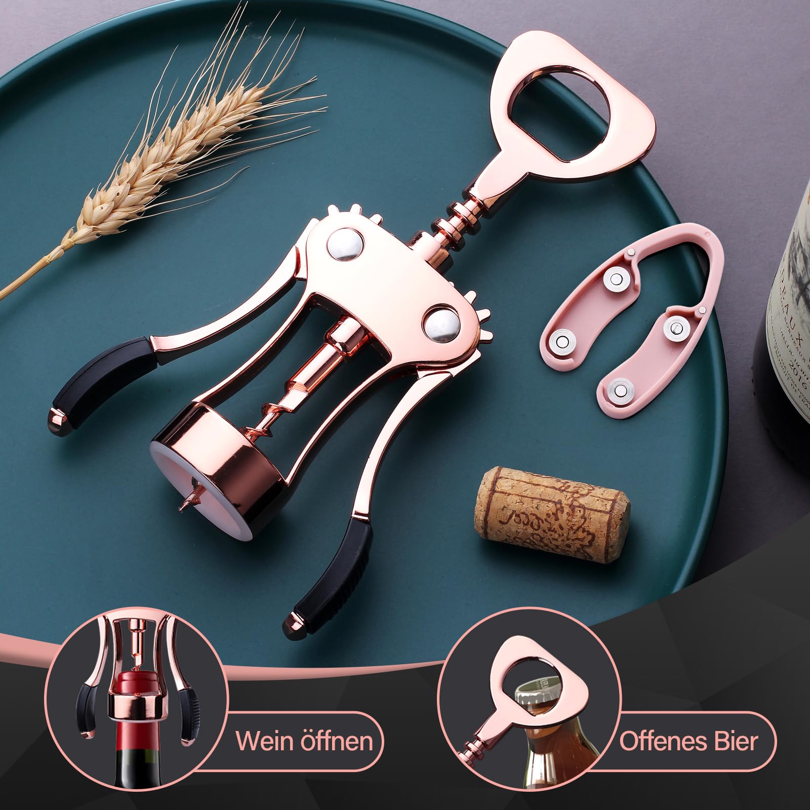 Weinöffner, multifunktionaler Flügelkorkenzieher für alle Korkstopfen und Bierdeckelflaschen, Luxus-Kellner-Korkenzieher mit Foil Cutter Set für Weinliebhaber, Kellner – ROSE GOLD