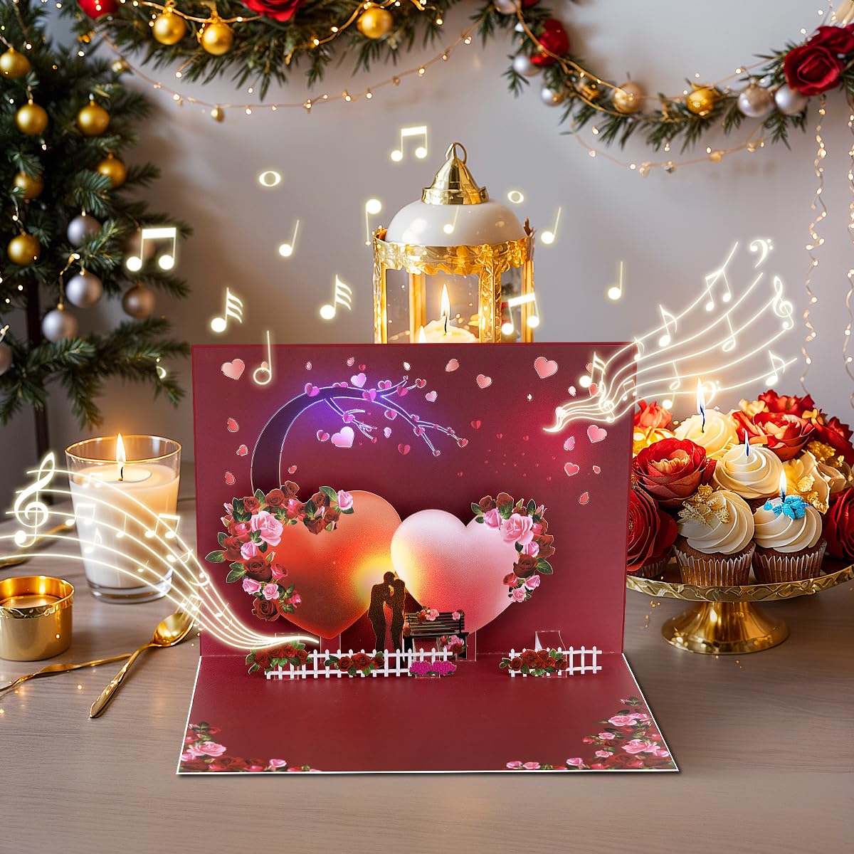 Tarjeta de San Valentín con luz y música, romántica tarjeta de felicitación emergente, aniversario, con sobre.