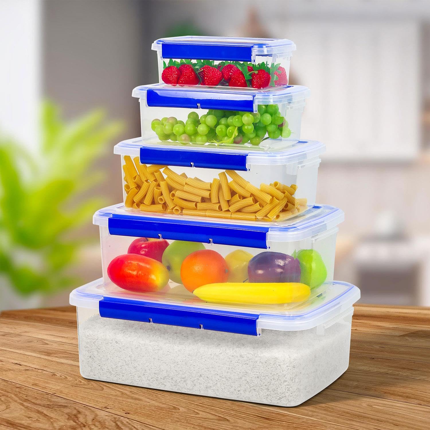 Livhome Blue 5 Pc Plastic Food Storage Containers, Bpa-Free Airtight Leakproof Plastic Boxes With Lids, Stackable Tupperware Set, Kitchen Storage Solution For Meals & Leftovers
