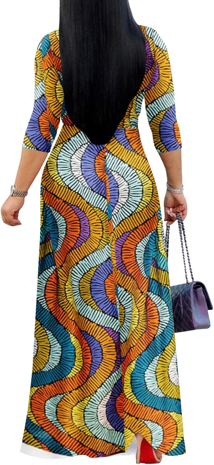 Yajedo Womens Casual Summer Maxi Dress Plus Size Sexy Warp V Neck 3/4 Sleeve Sundress with Poctets - Image 2