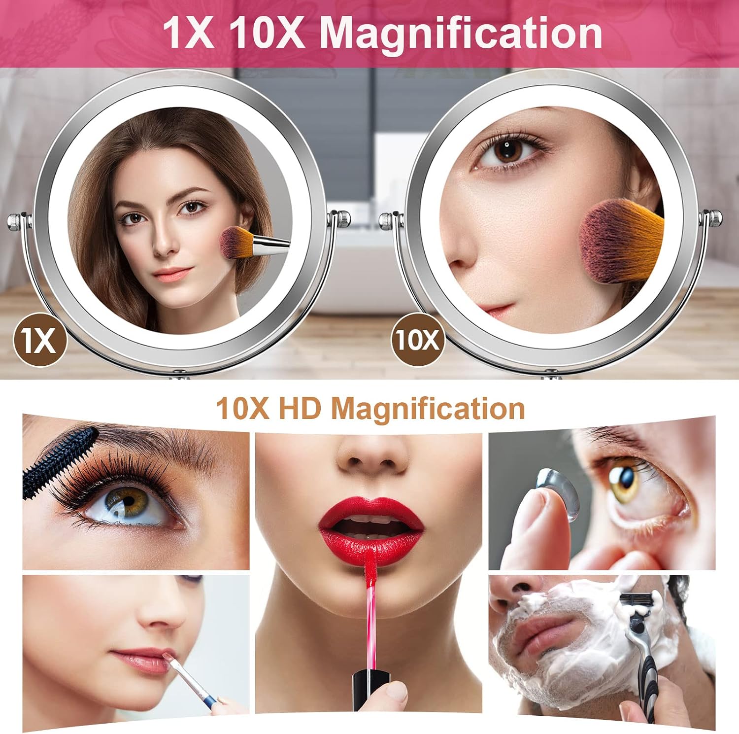 Quinskkin Lighted Makeup Mirror，8" 10X Magnifying Makeup Mirror with Lights 3 Color Led Makeup Personal Mirror Brightness Adjustable,Vanity Cosmetic Beauty Mirror with 360°Swivel