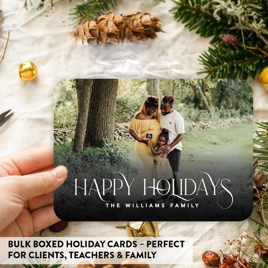 Andaz Press Personalized Christmas Cards with Envelopes, Photo Custom Holiday Cards with White Happy Holidays Font, 5x7 Inch Thick Cardstock Bulk Boxed Greeting for Family, Business Clients, 24-Pack