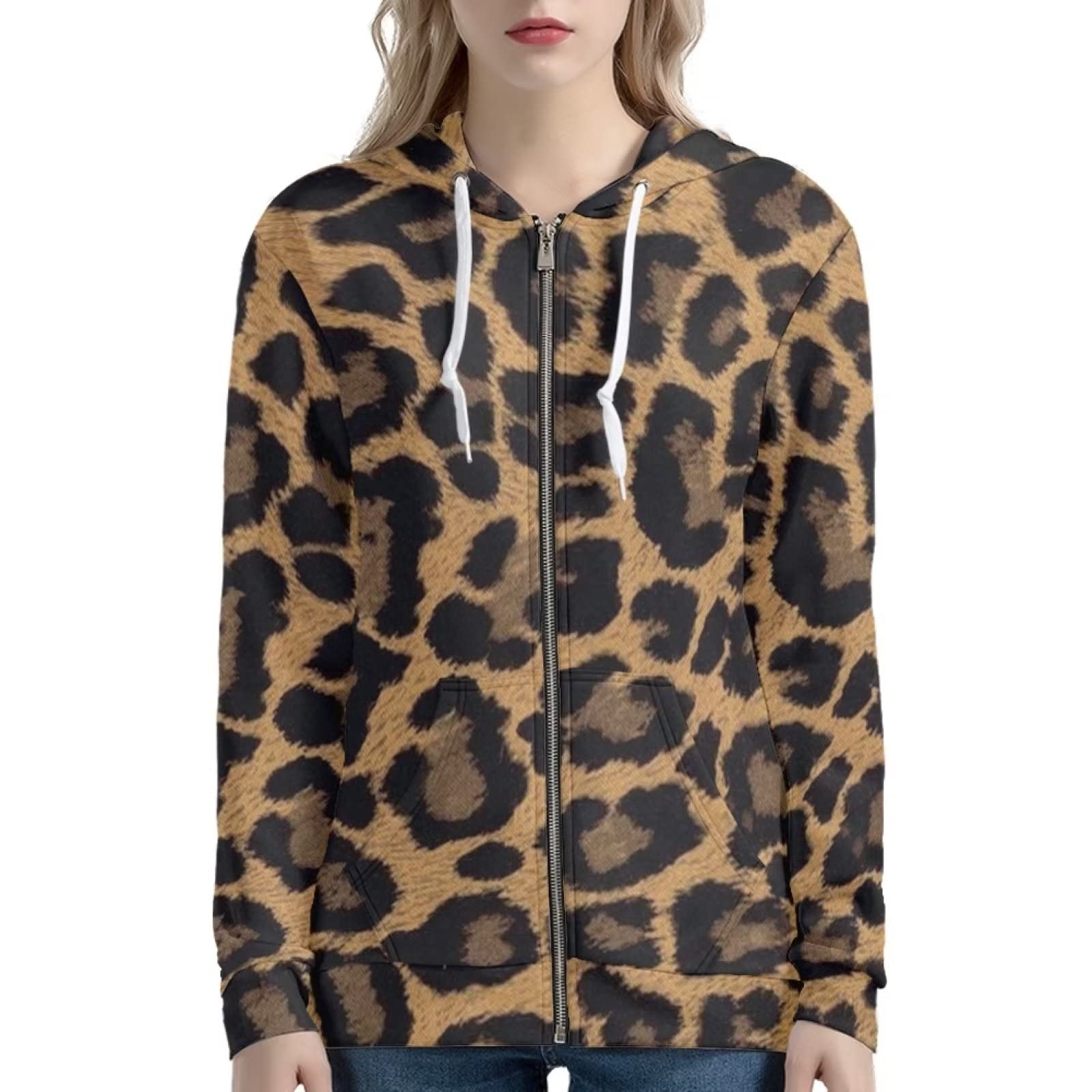 Xoenoiee Y2K bluza z kapturem, damska, zapinana na zamek, bluza dziewczęca, streetwear, długi rękaw, oversize, bluza z kapturem, luźny krój, Tekstura geparda, 5XL
