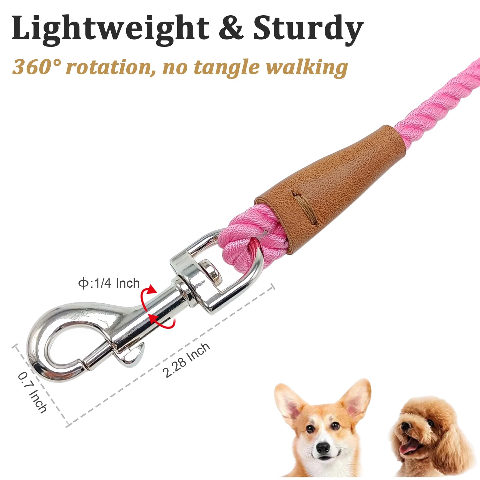 Laisse rose de 1,5 m pour petits chiens – Laisse légère et douce en coton tressé de 0,6 cm pour petites races/chats, promenades quotidiennes, dressage