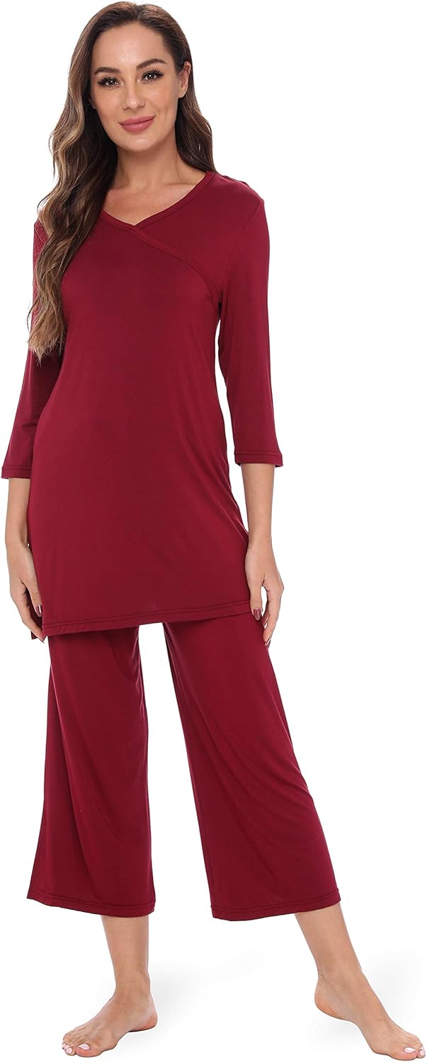 GYS Bamboo Viscose Capri Pajamas for Women Set, 3/4 Sleeve Long Shirts and Capri Pants Lounge Sets, Soft Sleepwear PJs Set