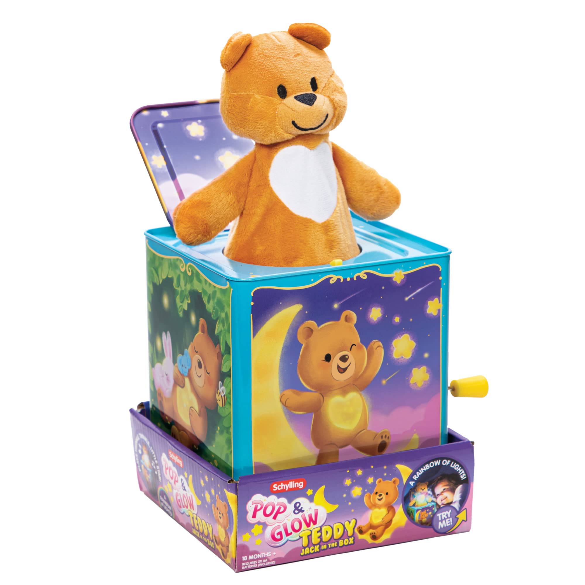 Schylling - Teddybär Pop N Glow Jack in The Box, Größe S, 18+mo, TPGJB, mit Blechdose, 15,2 x 15,2 x 16,5 cm, für Kinder ab 18 Monaten