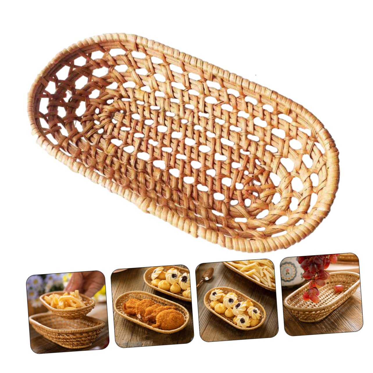 Cabilock 1pc Rattan Storage Basket Woven Fruit Basket Fruit Tray Food Serving Basket Snack Tray Basket for Snacks Oval Basket Round Storage Basket Hyacinth Basket Autumn Vines Chocolate