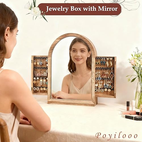Miniatura 5 de Joyero organizador, caja de joyería de madera maciza, almacenamiento de collares, anillos, aretes, pulseras con espejo y cajones, regalos de Navidad