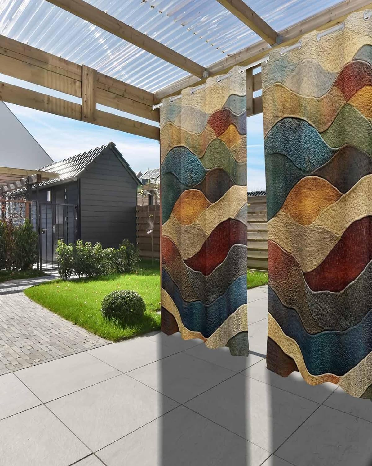 Weighted Outdoor Curtains for Patio Waterproof 108 inches Long 1 Panels Red Blue Striped Drapes Weatherproof Privacy Outside Curtain for Porch Gazebo,Grommet Top, Vintage Medieval Geometric Art