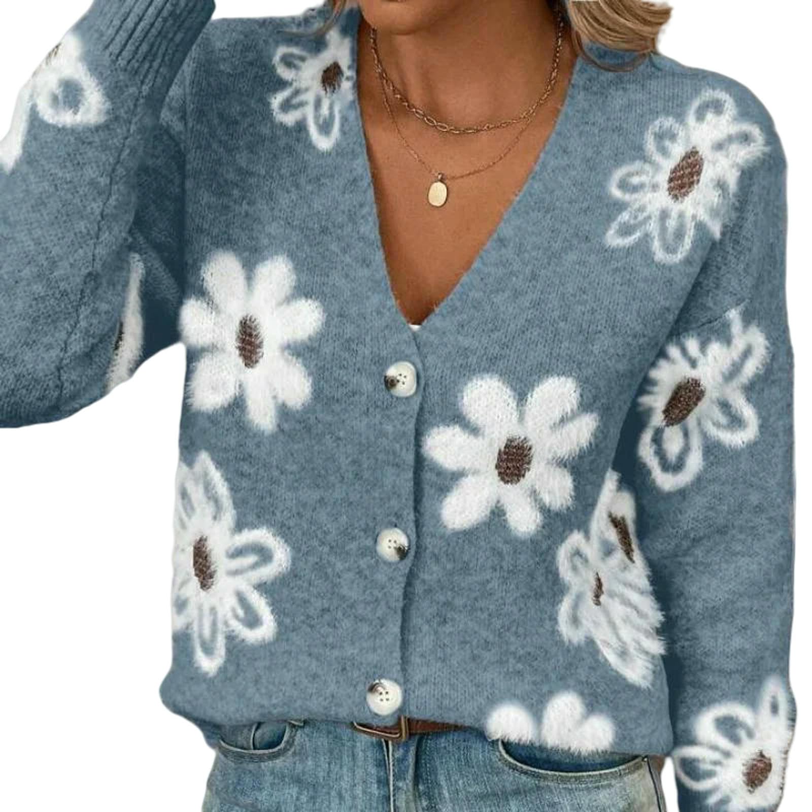 Maglione Donna Cardigan Floreale da Aperto sul Davanti A Maniche Lunghe Abbottonato Lavorato Maglia Capispalla-Blu-s