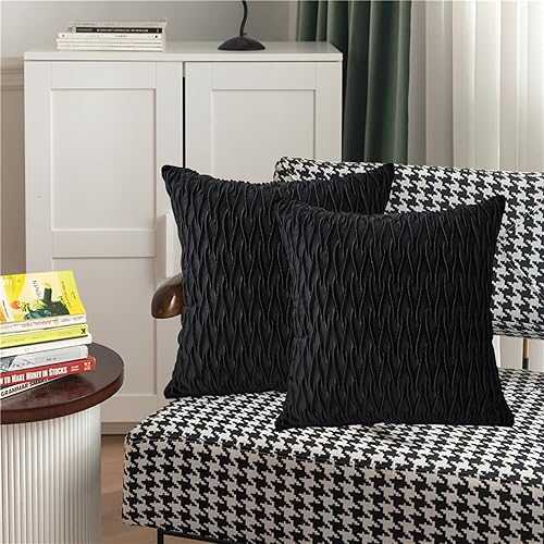 QIYINQIN Juego de 2 fundas de almohada decorativas con textura de terciopelo negro, fundas de almohada cuadradas de lujo a rayas originales,
