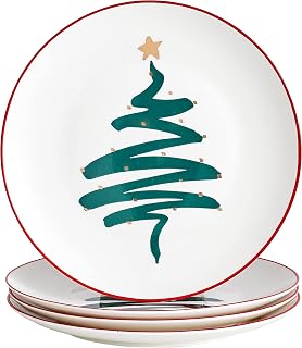 Christmas Holiday Bone China Dessert Plates - Salad Plates 8 inch - Set of 4,Oven&Dishwasher Safe Kitchen Serving Dishes (Tree, 8 inch)
