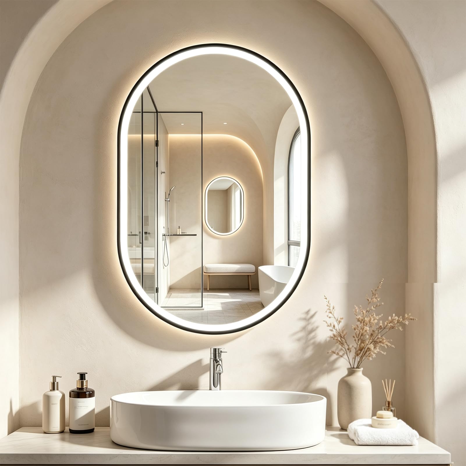 Viugreum Espejo Baño con Luz LED Regulable en 3 Colores, 75*50cm Elíptica con Doble Borde Negro Luz de Baño Espejo de Pared con Táctil, Función Antivaho, Ajuste de Brillo, Espejos LED Retroiluminado