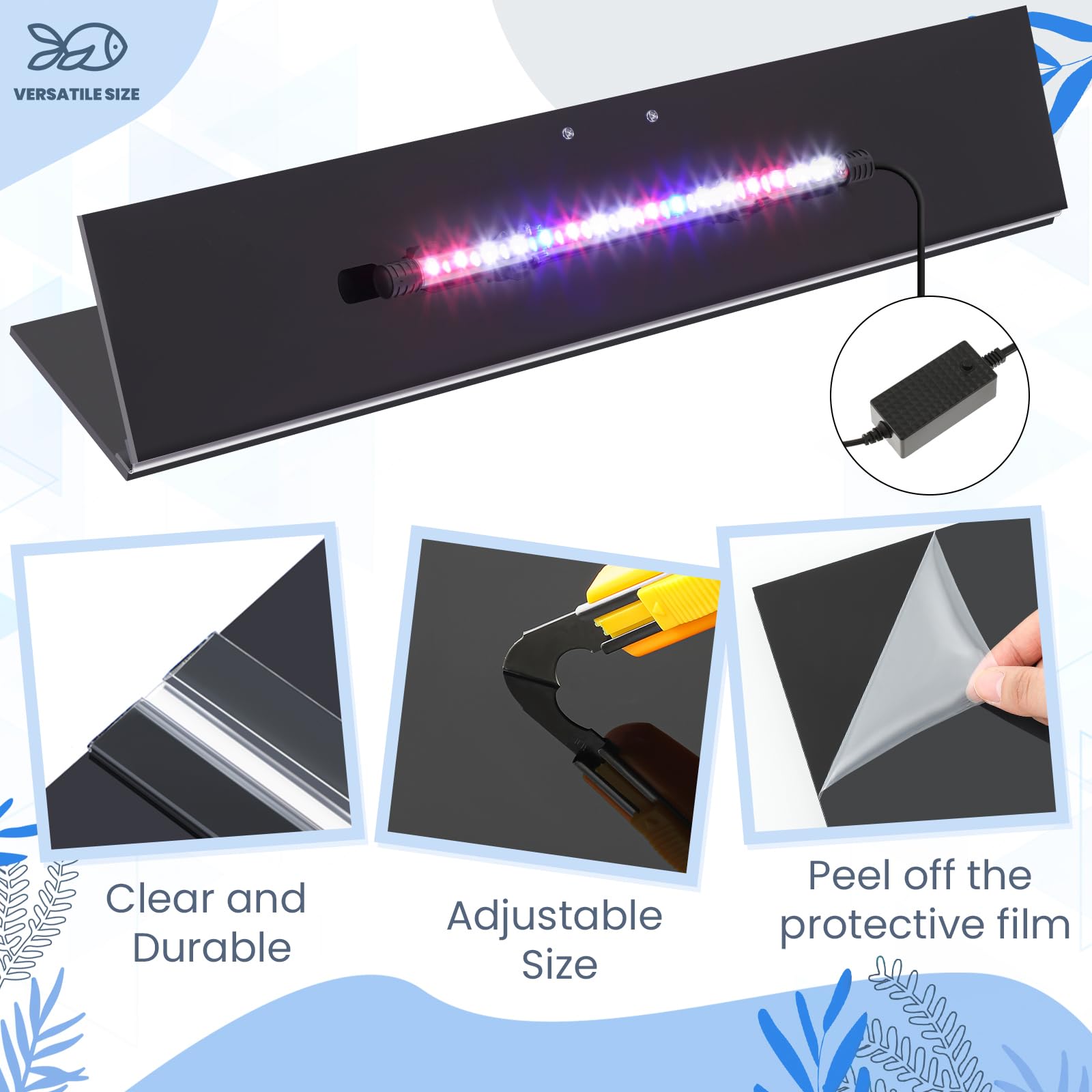Sieral Lot de 2 couvercles d'aquarium en polycarbonate avec lumière LED avec support central - Couvercle d'aquarium avec couteau à crochet (noir, 91,4 x 45,7 cm)