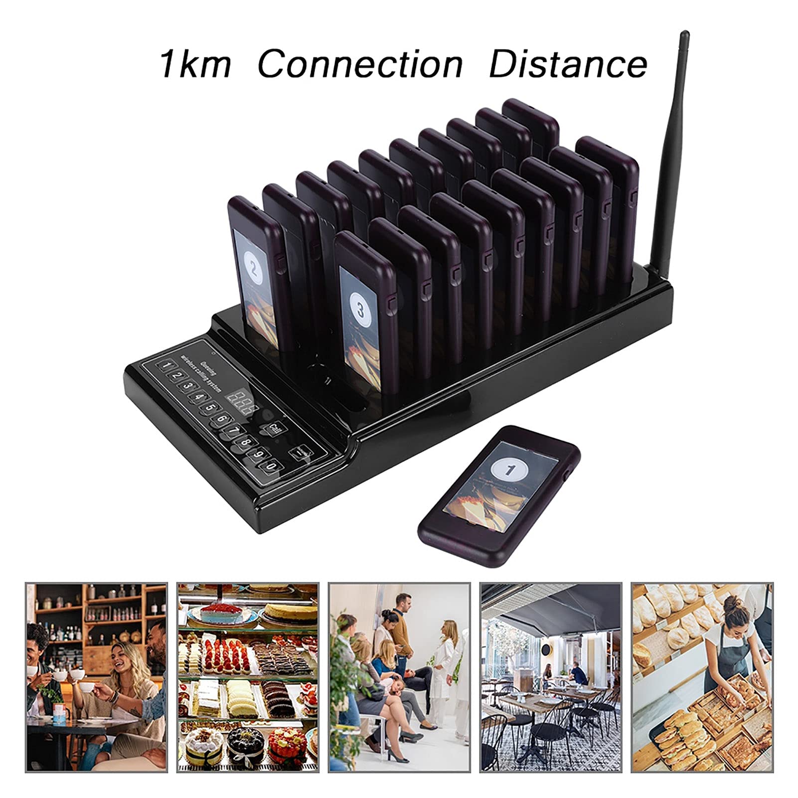 Sxhlseller 20 Pager Buzzers Guest Paging System 433.92MHz Channels 20 Receivers, 1KM Connection Distance, Pager System for Restaurant Food Truck Coffee Shop Office(Black) (US)
