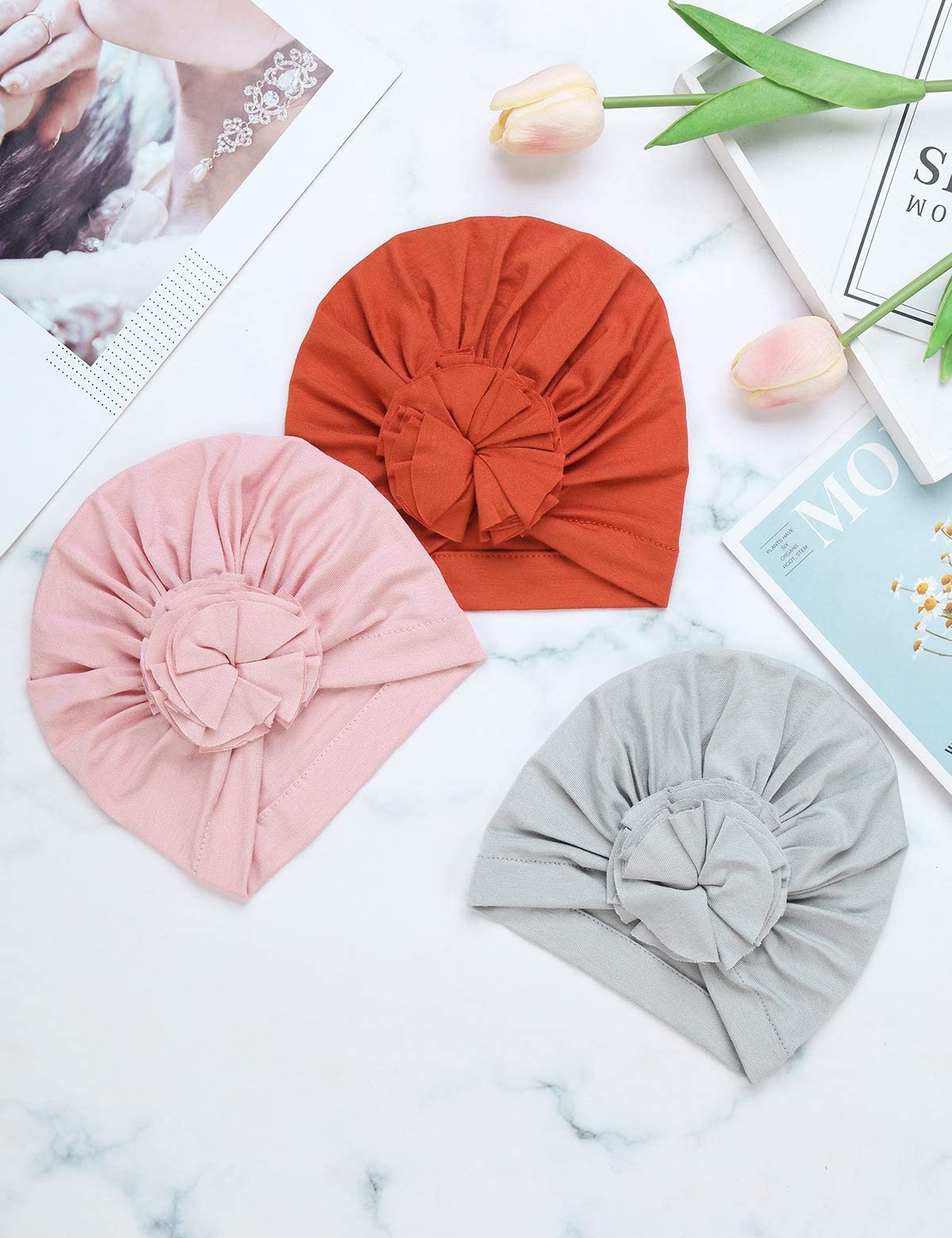 Säuglingsbaby Beanie Knoten Donut Hut Neugeborene Jungen Mädchen Baumwolle Weiche Turban Bogen Kaninchenohren Mütze Krankenhaus Kopf Wrap (Color : M Round Ruffles, Size : One Size)