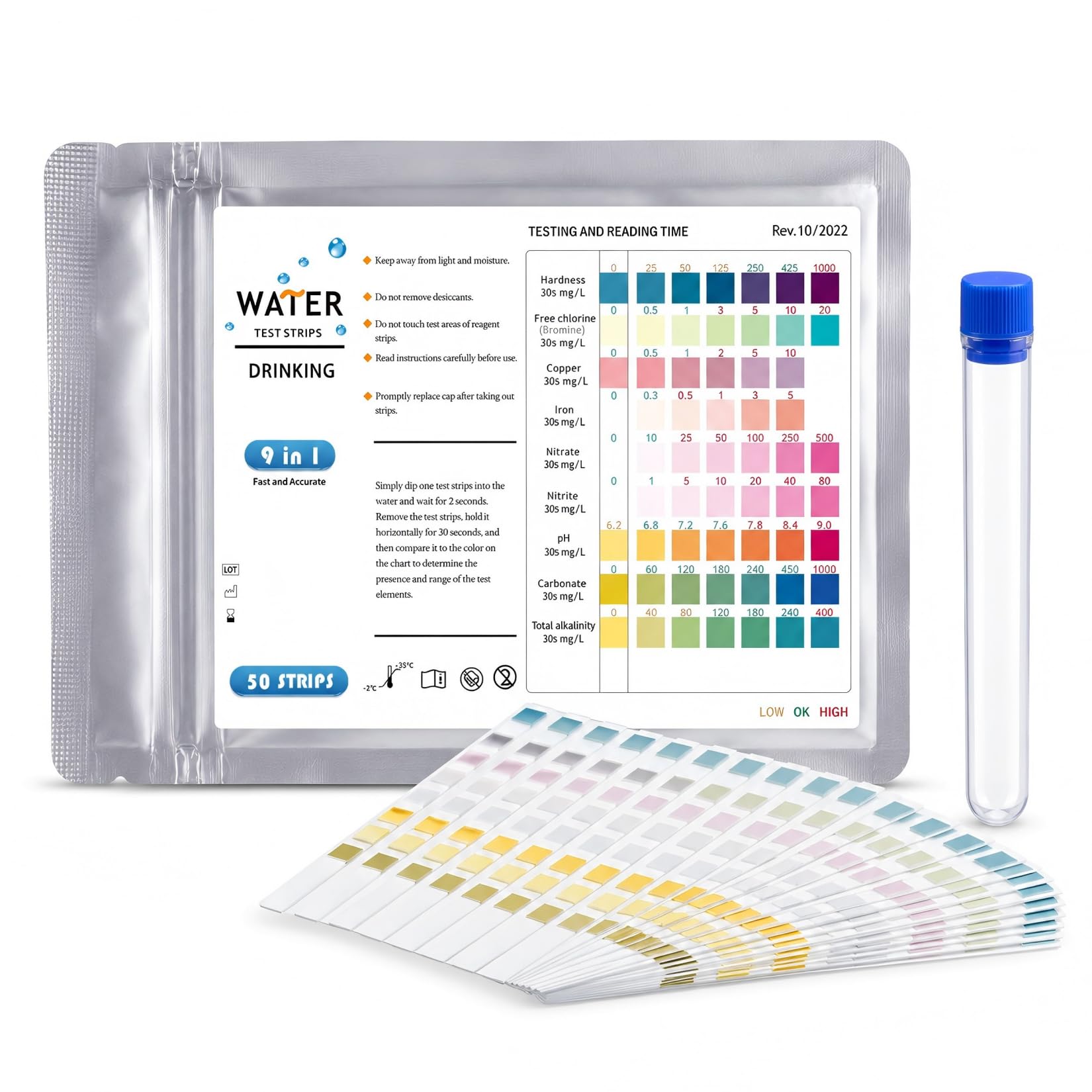 Lot de 50 Bandelettes de Test 9 en 1 pour Piscine et Spa, Bandelettes Analyse pH Chlore Nitrites Dureté de l'Eau, Convient pour Eau Potable Aquarium, Livré avec 1 Tube à Essai Offert