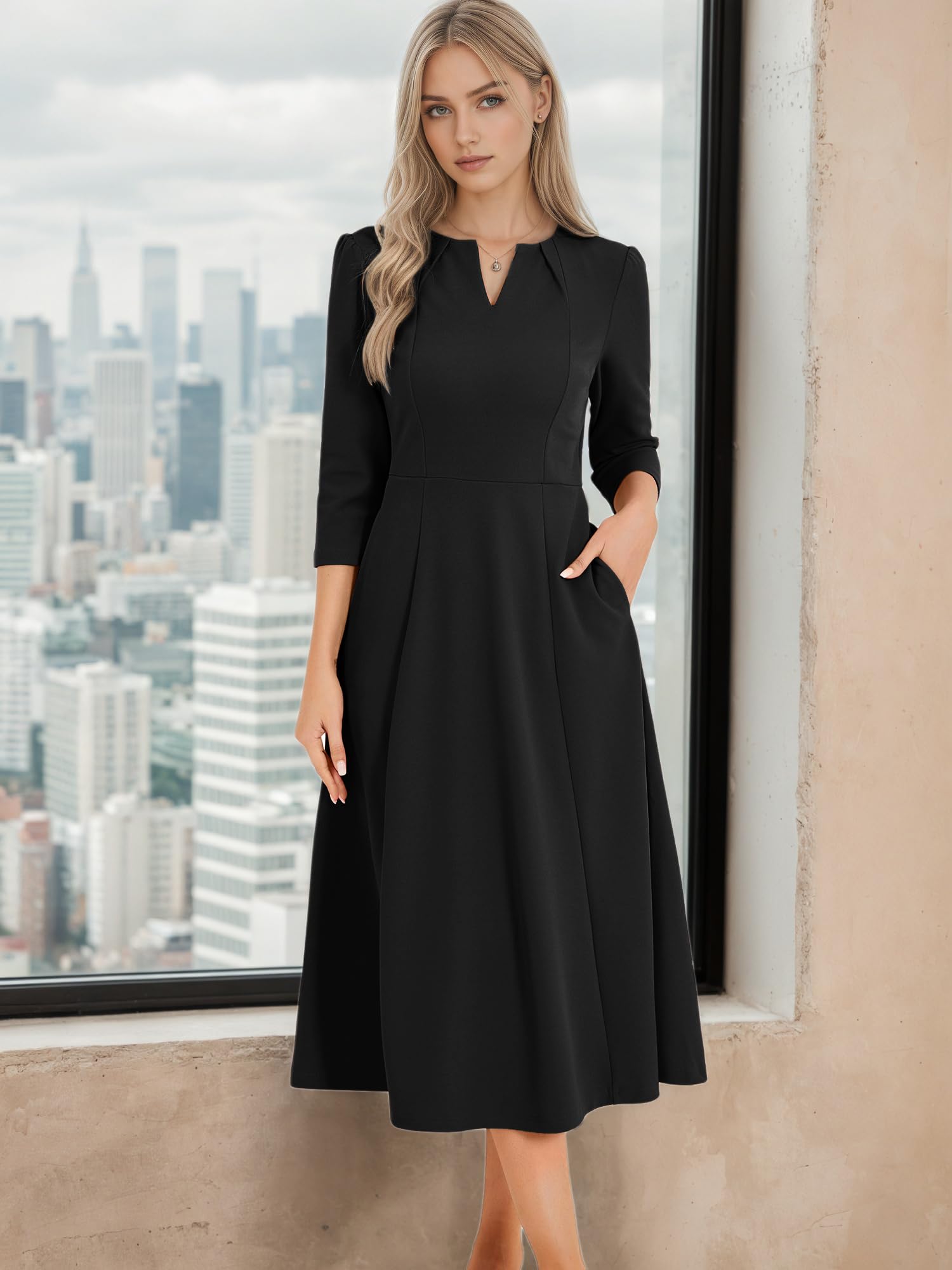 Allegra K Damen 3/4-Ärmeln A-Linie V-Ausschnitt Business Kleid Taschen Arbeit Elegant Midikleid