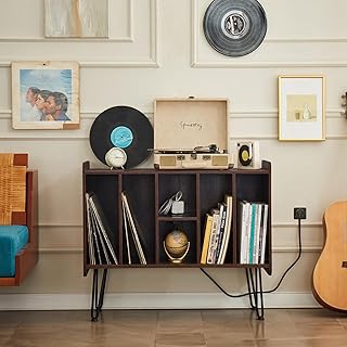 Large Record Player Stand, Alessing Record Player Stand with Vinyl Storage, Mid-Century Record Player Table with 6 Cabinet Holds Up to 200 Albums for Living Room Bedroom Office-Walnut Brown
