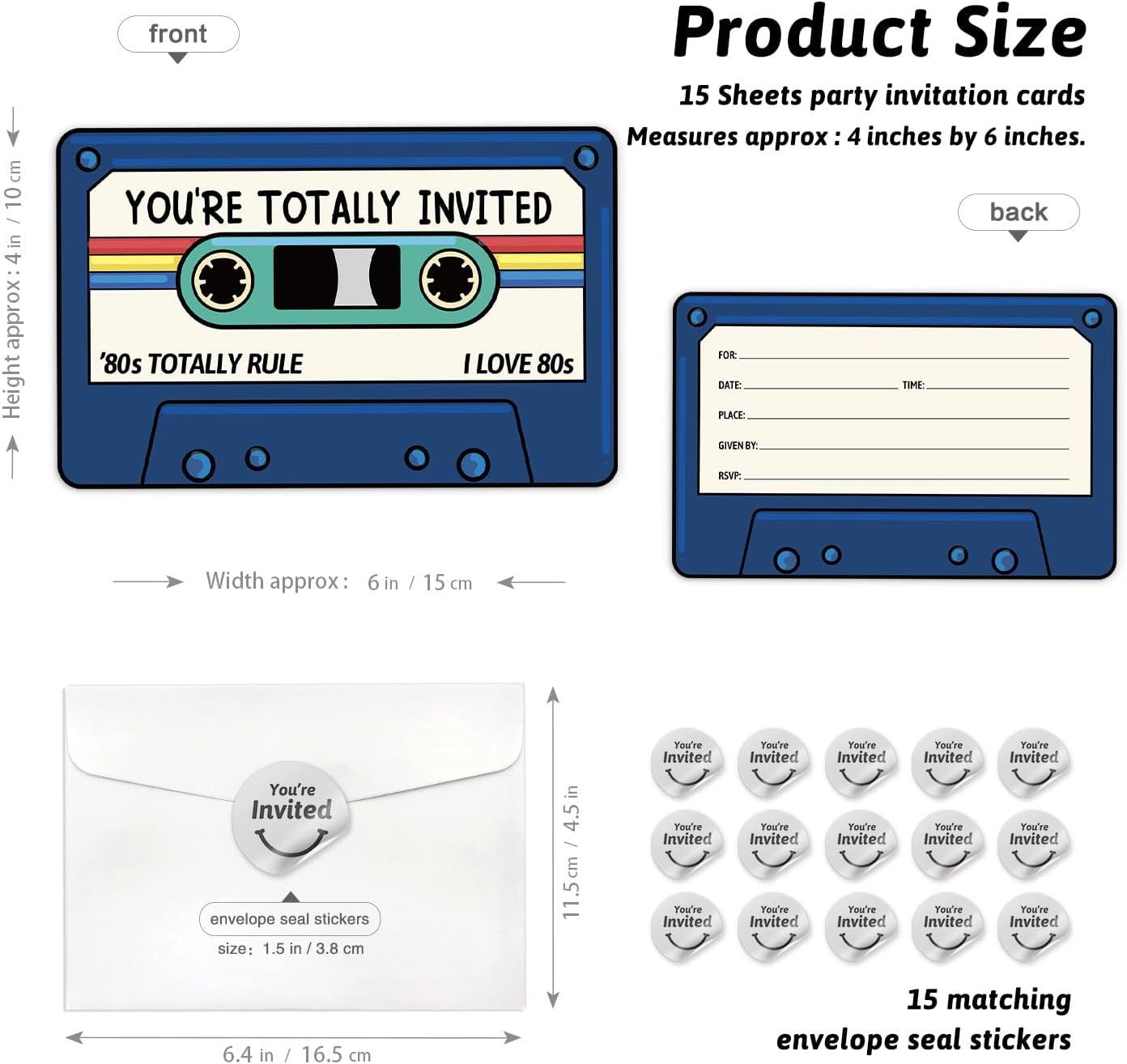 80's Retro Cassette Tape Shaped Fill-In Invitations card 15 Sheets with Envelopes, 80's Birthday Party Celebration Supplies, for Women Men Adults