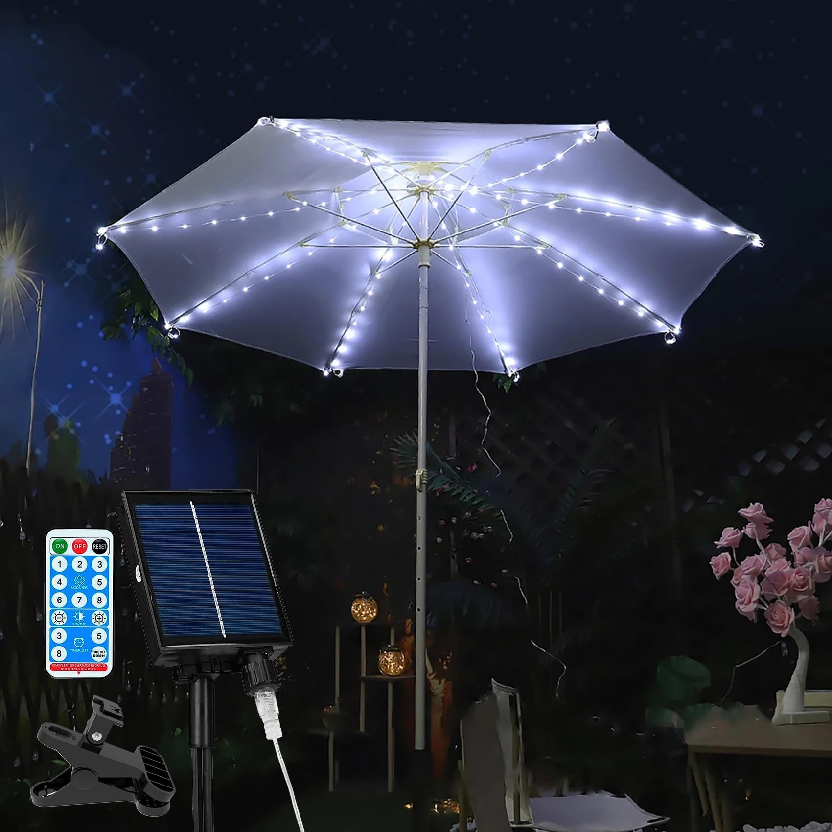 Solar-Sonnenschirmleuchten mit Fernbedienung, wasserdichte 104 LED-Solar-Lichterkette, 8 dimmbare Modi für Garten, Terrasse, Hof und Pool (Weiß)