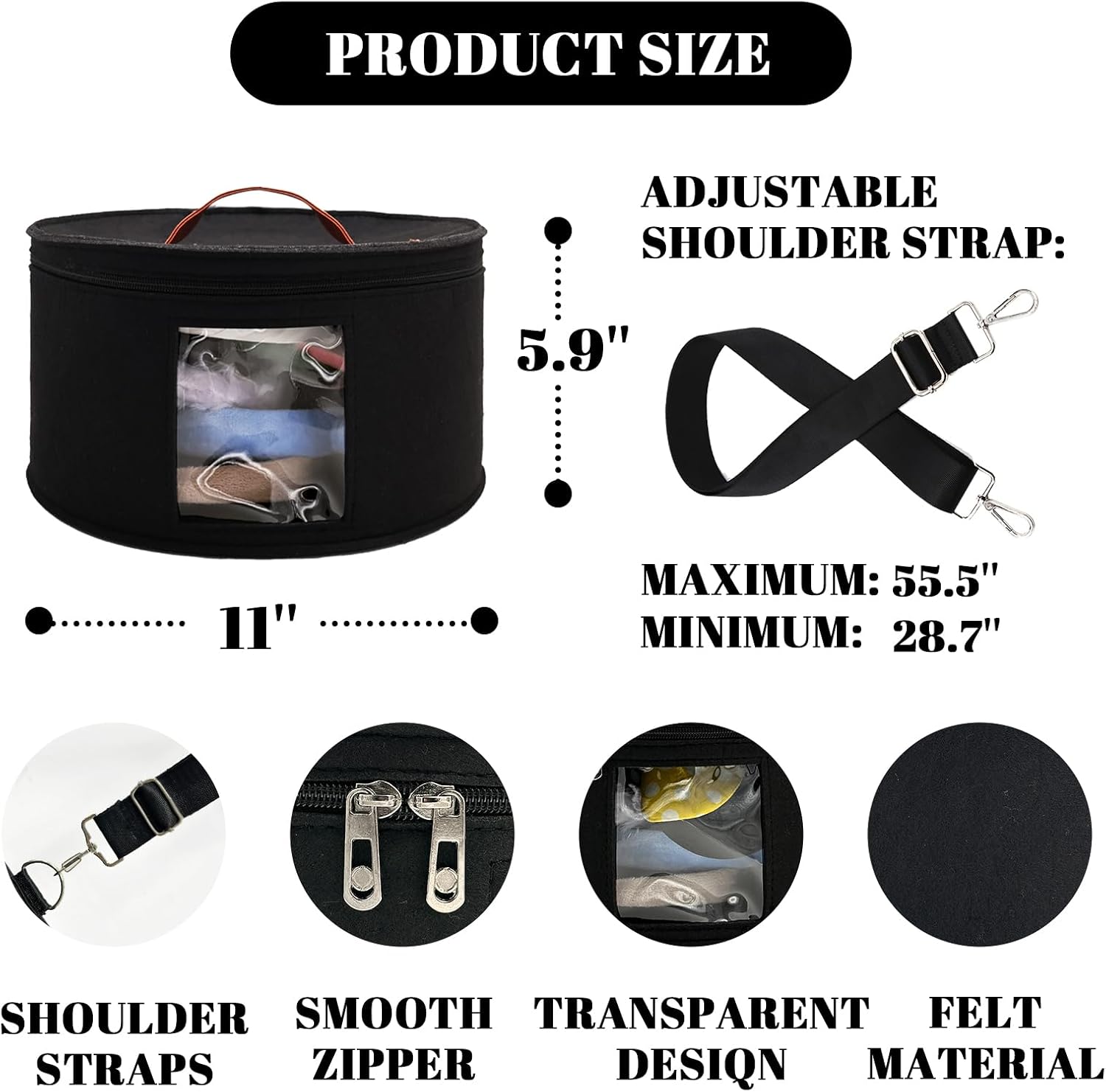 Heaband Holder Organizer, Large Round Tiara Tote Storage Box, Headband Ears Display Storage Box with Shoulder Straps for Hairband, Tiara and Hair Accessories Storage Travel Picnic Park (Black)