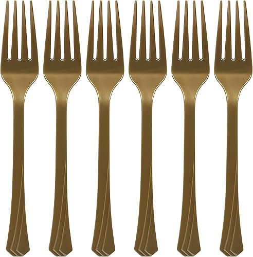 Tenedores dorados de plástico pesado de alta calidad (51 unidades)  Cubertería duradera, elegante y desechable para fiestas, eventos y uso diario