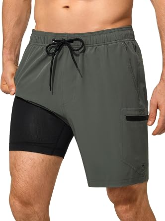 SILKWORLD Mens Swim Trunks Quick Dry Compression Liner Shorts 7 Inch Bathing Suit 2 in 1 Swimwear with Cargo Pockets