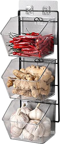 Contenedor de almacenamiento montado en la pared, cesta de verduras colgante vertical de 3 niveles, organizador de encimera para ajo, jengibre y