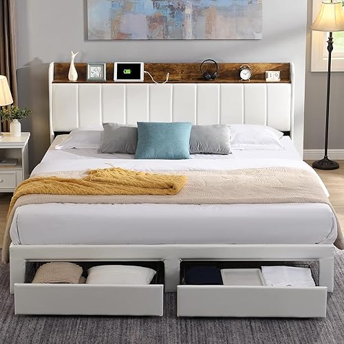 Base de cama Queen con cabecera y estación de carga, base de cama de plataforma tapizada con 2 cajones de almacenamiento, soporte de listones de