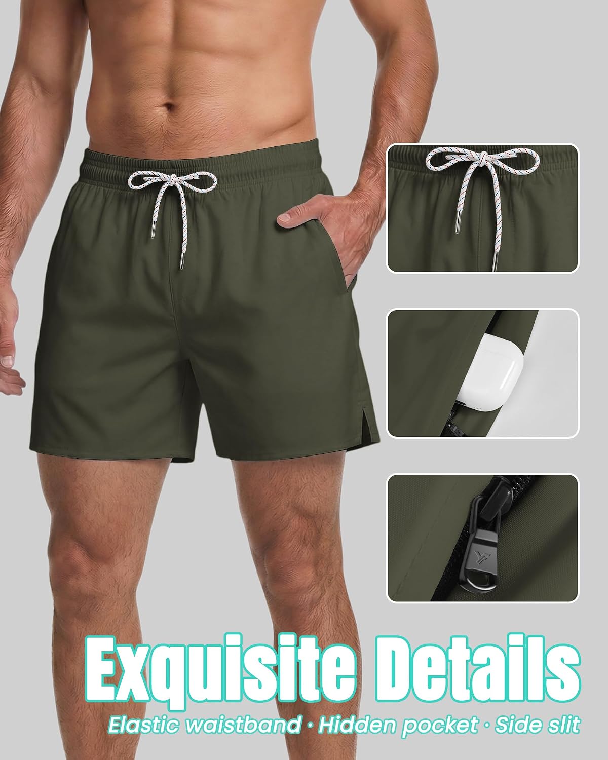 Men Swim Trunks 5 Inch Inseam Compression Liner Quick Dry Drawstring Zipper Pockets for Summer Beach Surfing Water Sports