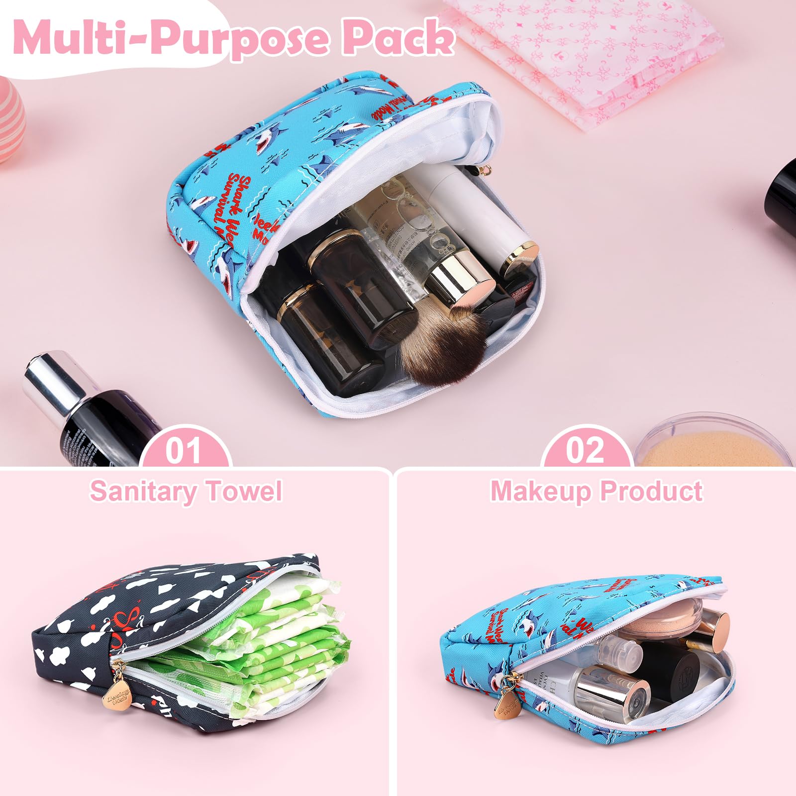 Desing Wish Sanitary Pad Storage Bag Portable Period Bag for Teen Pads/Sanitary Napkins/Small Tampons, Sanitary Napkin Storage Bag First Period Gifts for Teen Girls (Shark Week)