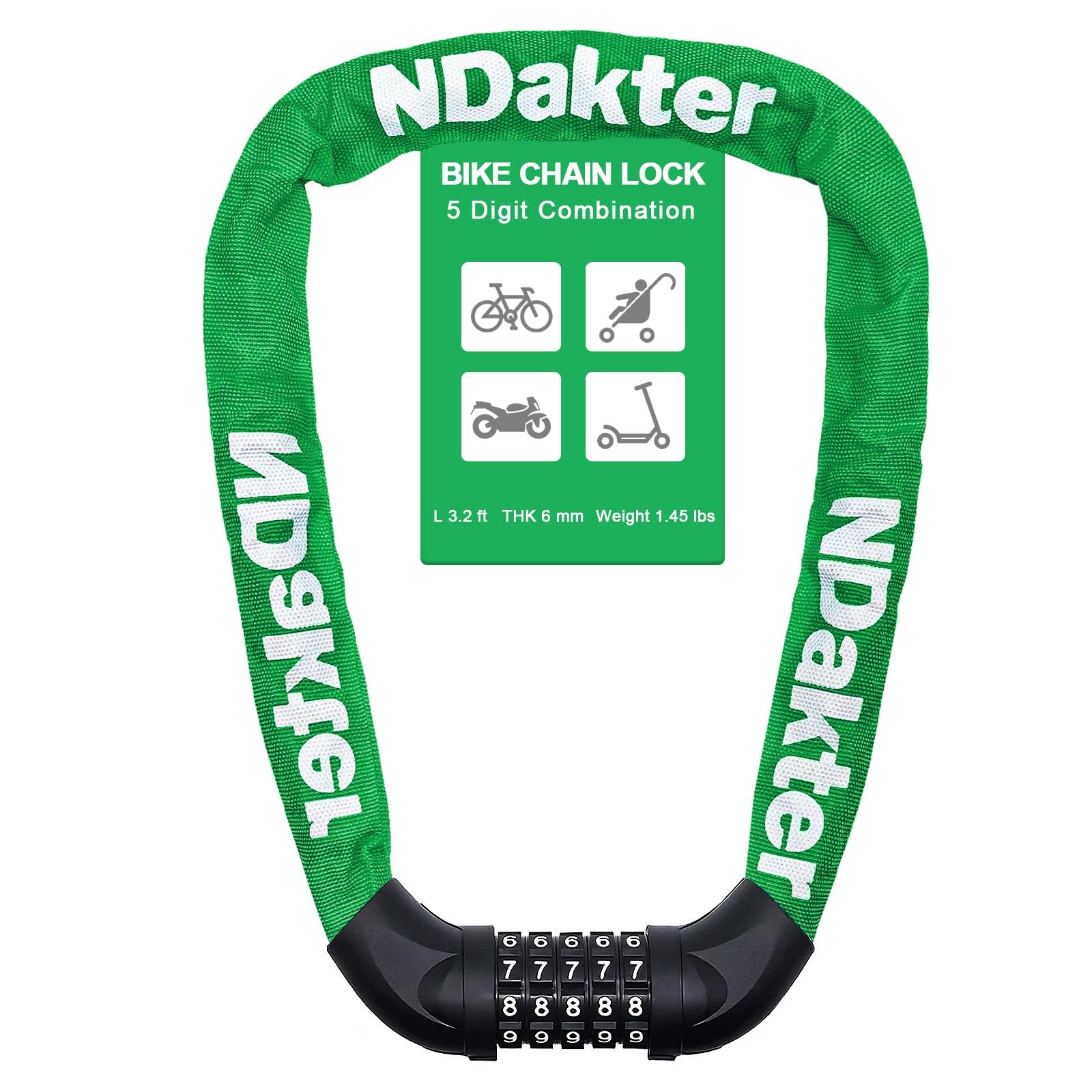 NDakter Bike Lock, 5 Digit Combination Heavy Duty Anti Theft Bicycle Chain Lock, 2.62/3.2/4.27/5/6Ft Long, High Security Resettable, Suitable for Bike, Scooter, Door, Gate, Fence-4/6mm Thick